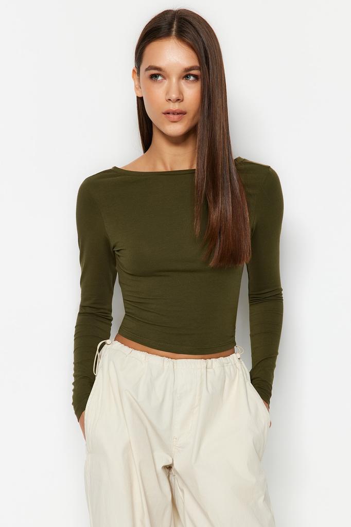 Women's Fashion New Blouse Black Deep Back Low-cut Fitted Cotton Stretchy Knitted Blouse