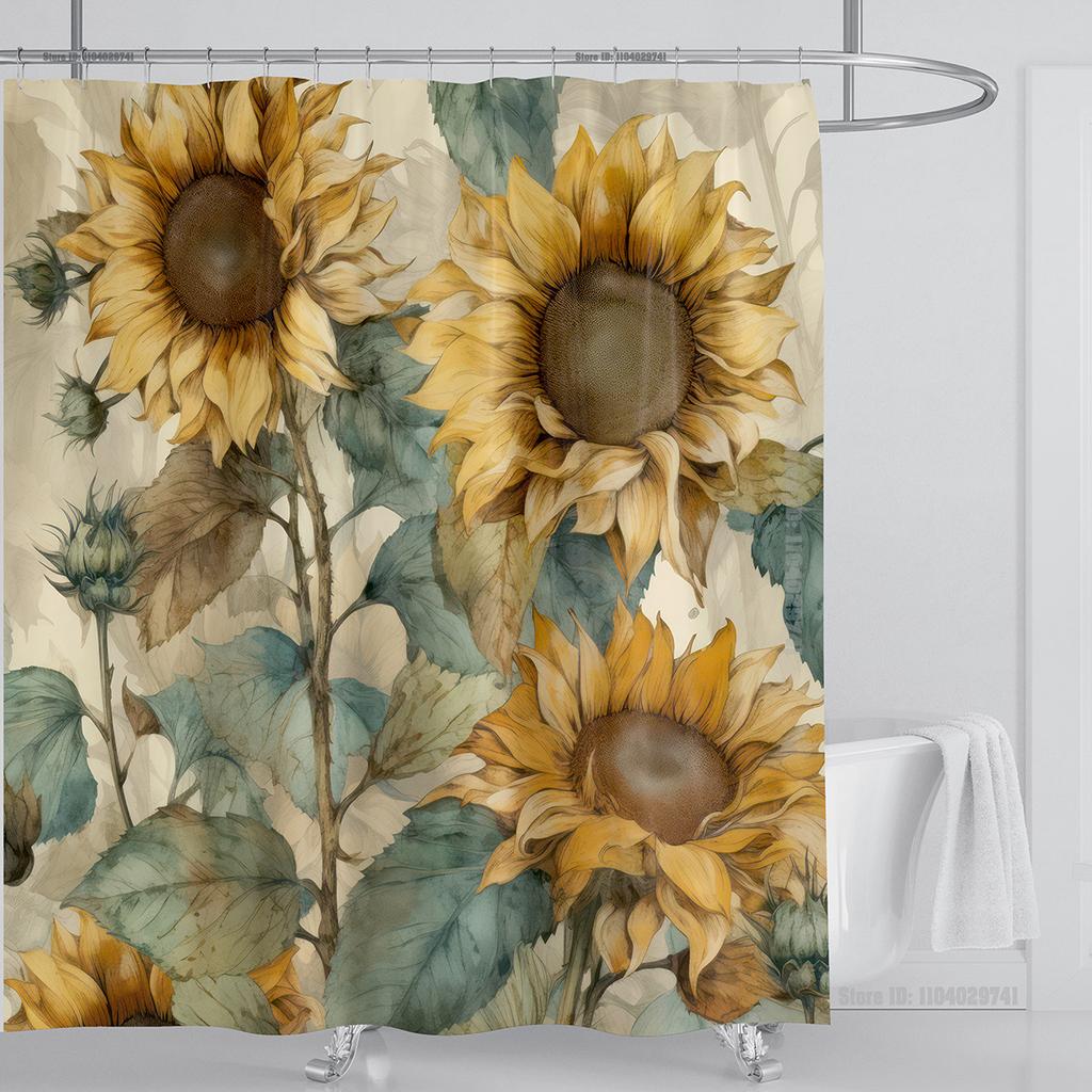 Sunflower Flower Shower Curtain Waterproof Shower Curtain Polyester Fabric 3D Printed Curtain Bathroom Decoration With Hooks