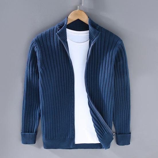 Fall Winter Men Coat Zipper Closure Knitted Cardigan Stand Collar Long Sleeves Solid