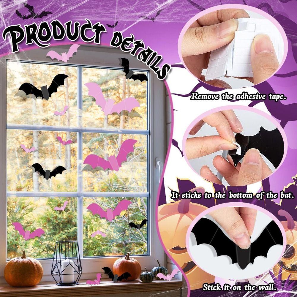 32PCS 3D Pink Bats Halloween Decoration PVC Wall Decal Halloween Party Decorations