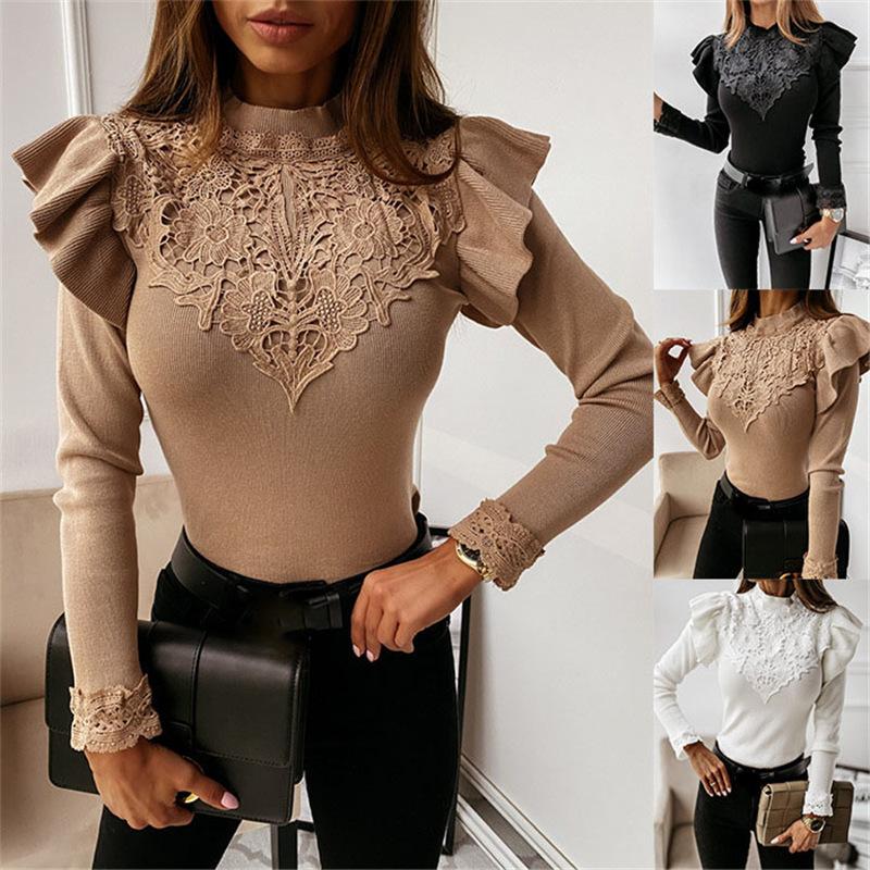 Women's Long Sleeve Round Neck Lace Trim Solid Color Base Blouse