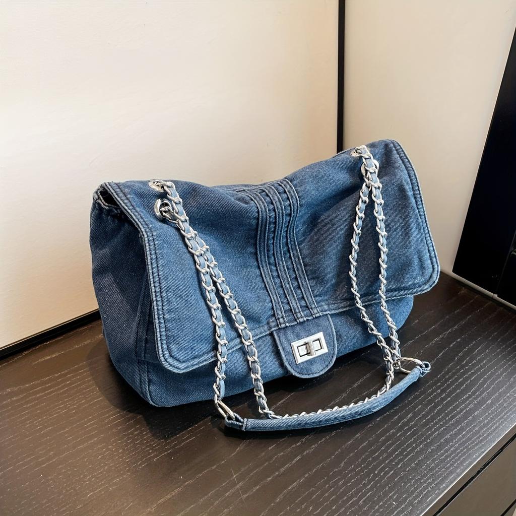 Women's Fashion Denim Shoulder Bag - Trendy Solid Color Underarm Handbag & Purse