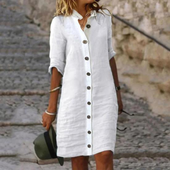 Women Summer Midi Dress Lapel Half Sleeve Solid Color Single-breasted Soft Breathable Buttons Lady Knee Length Dress