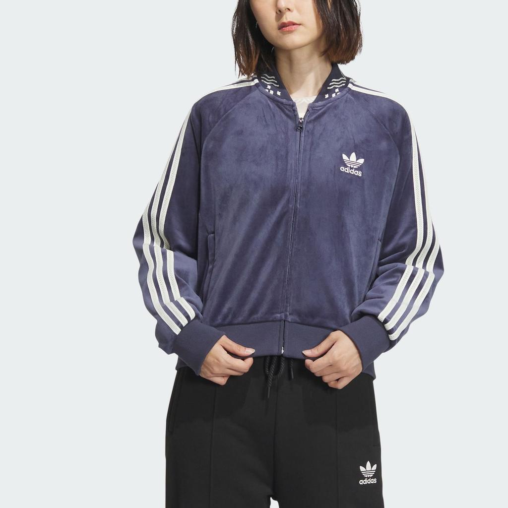 Adidas Originals Classic Retro Trefoil Velvet Hoodie Jacket Women Tops Navy IX4224