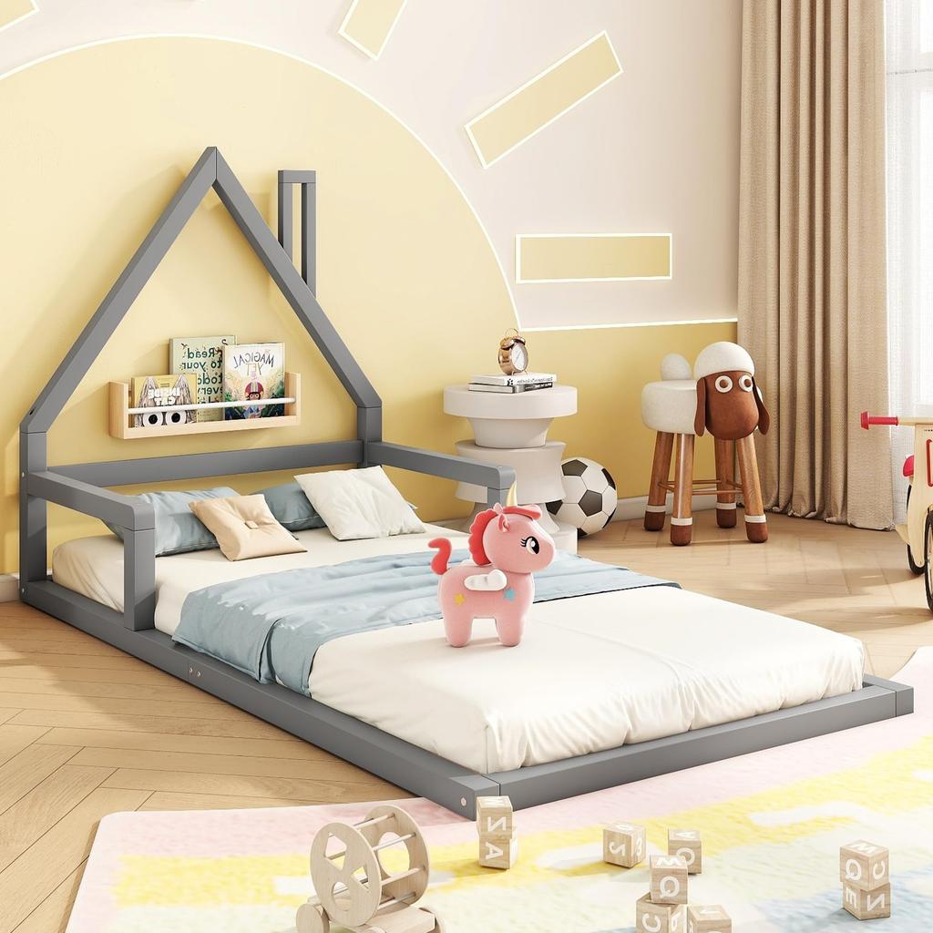 Children's Bed 90x200cm, Slatted Frame, Pine wood+MDF, House Shape, Minimalist Styling, Adult/youth, Without Mattress