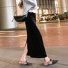 Retro Autumn/Winter Black Velvet High Waist Midi Skirt with Slit - Slim Bodycon Fit