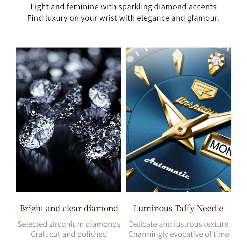 JINSHIDUN New Business and Leisure Ladies Watch Fully Automatic Mechanical Watch Tungsten Steel Double Calendar Luminous Waterproof High-end Watch