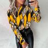Women Spring Shirt Color Matching Print O Neck Long Sleeve Button Decor Soft Breathable Elegant OL Commute Blouse