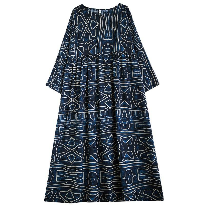 Round Neck Long Sleeve Bohemian Clothing Retro Autumn Cotton Linen Dresses Vintage Casual Floral Printed Long Dress for Women