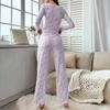 Women's Long Sleeve Pajama Set Ruffle Trim V Neck Crop Top And Wide Leg Pants Sleepwear Set Floral Print 2 Piece Pjs Set
