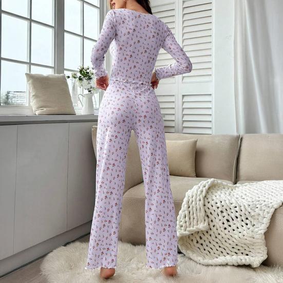 Women's Long Sleeve Pajama Set Ruffle Trim V Neck Crop Top And Wide Leg Pants Sleepwear Set Floral Print 2 Piece Pjs Set
