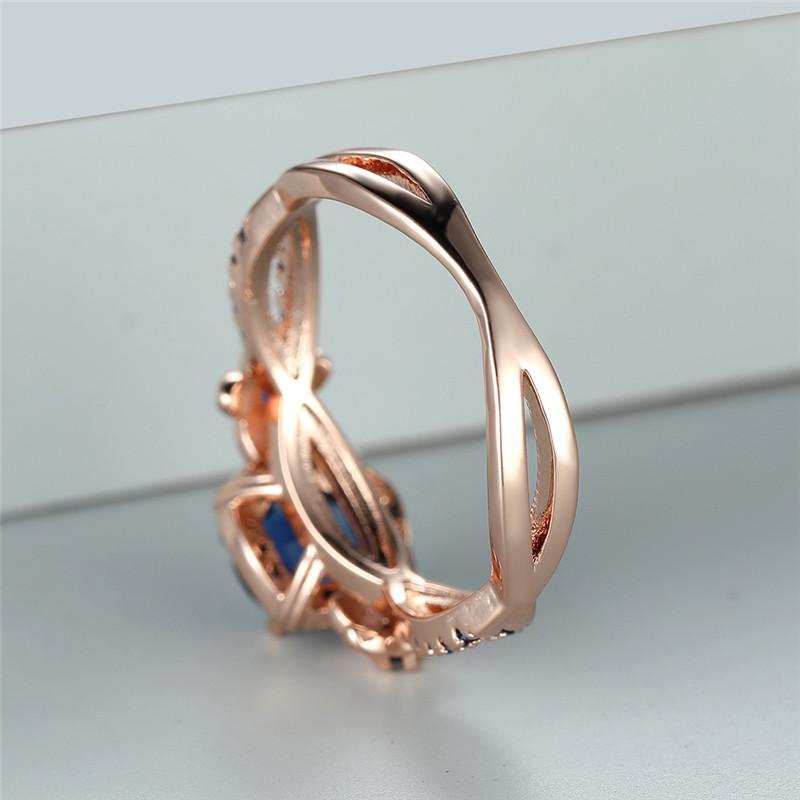 Vintage Rose Gold Color Ring Flower Style Round Cut Blue Stone Rings for Women Luxury Claw Ring Anniversary Gifts