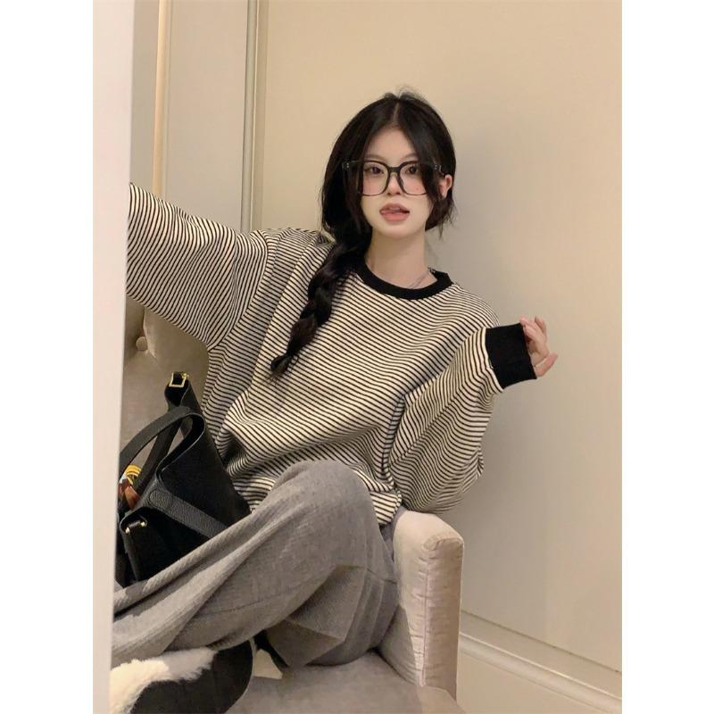 Hooded Striped Long Sleeved T-shirt Women's Hoodie Top