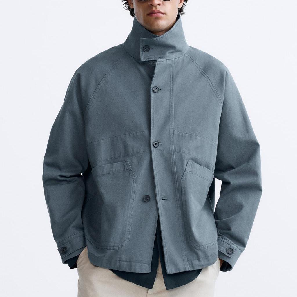Zara Однотонная повседневная рабочая одежда с потертостями и высоким воротом, с длинным рукавом, мужская куртка, синяя 0706106-400