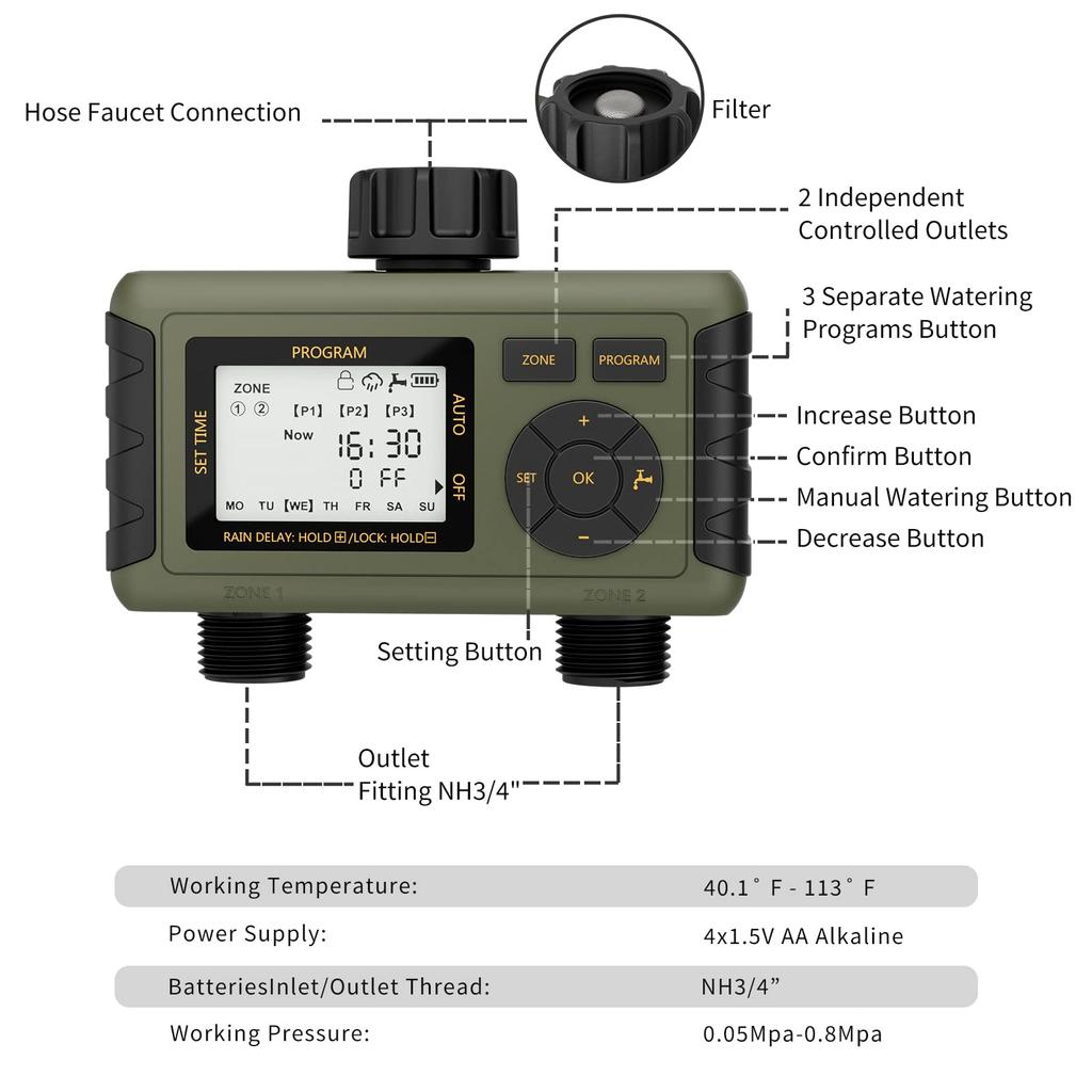 Diivoo 2 Zone Automatic Watering Timer Garden Irrigation Controller Outdoor With LCD Dispaly Waterproof Programmer for Lawn
