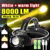 8000LM Powerful Headlamp White/Warm Light Double Wick Led Head Flashlight Long Range Headlight 18650 Rechargeable Head Lantern