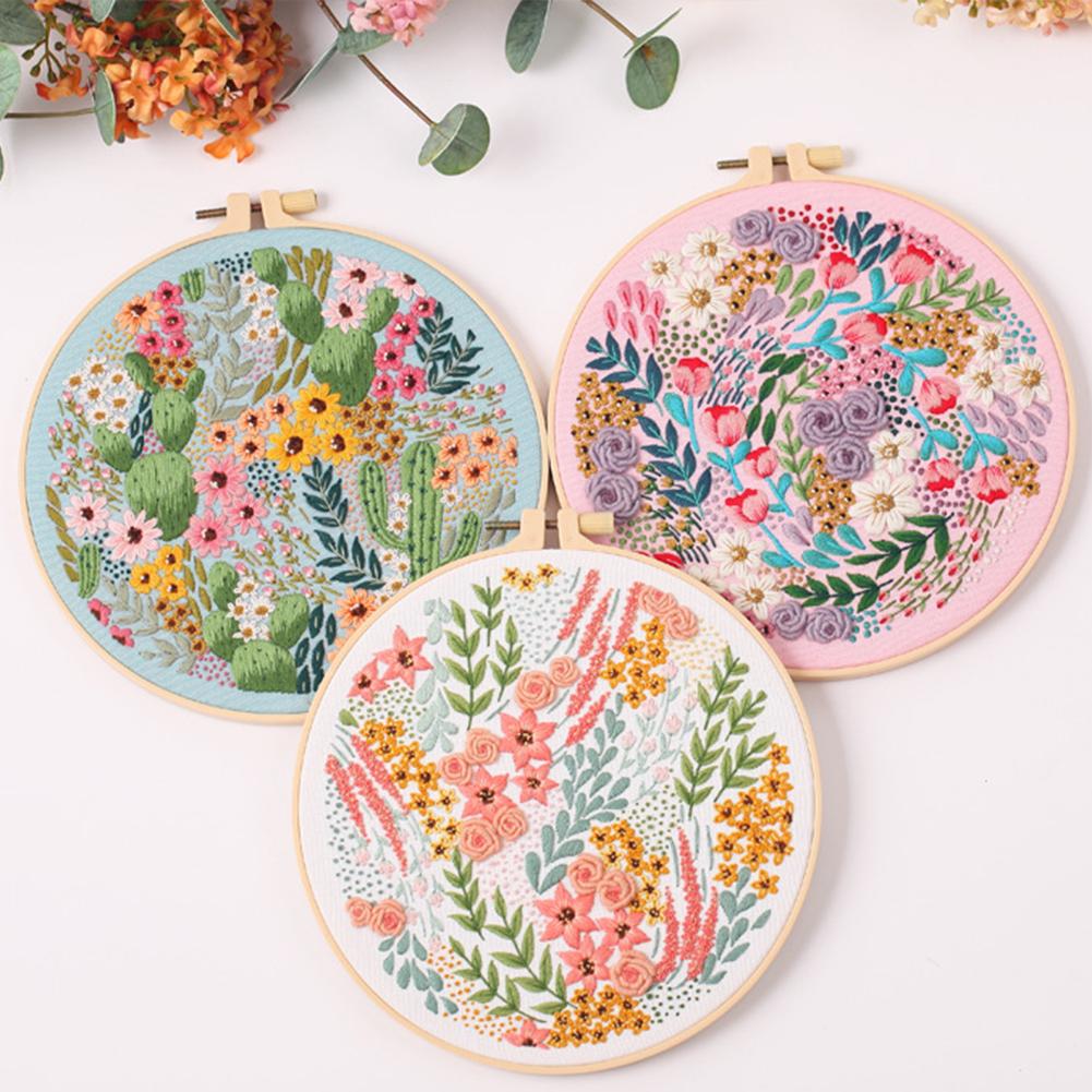 Embroidery Kit DIY Embroidery Starter Kit Hand Stitch Embroidery Fabric With Floral Pattern Drawing Threads Needles Hoop