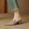 Fashion NEW Summer Women Mules Genuine Leather Shoes for Women Cover Toe Chunky Heel Slippers Pointed Toe Slingback Flower Beige Sandals