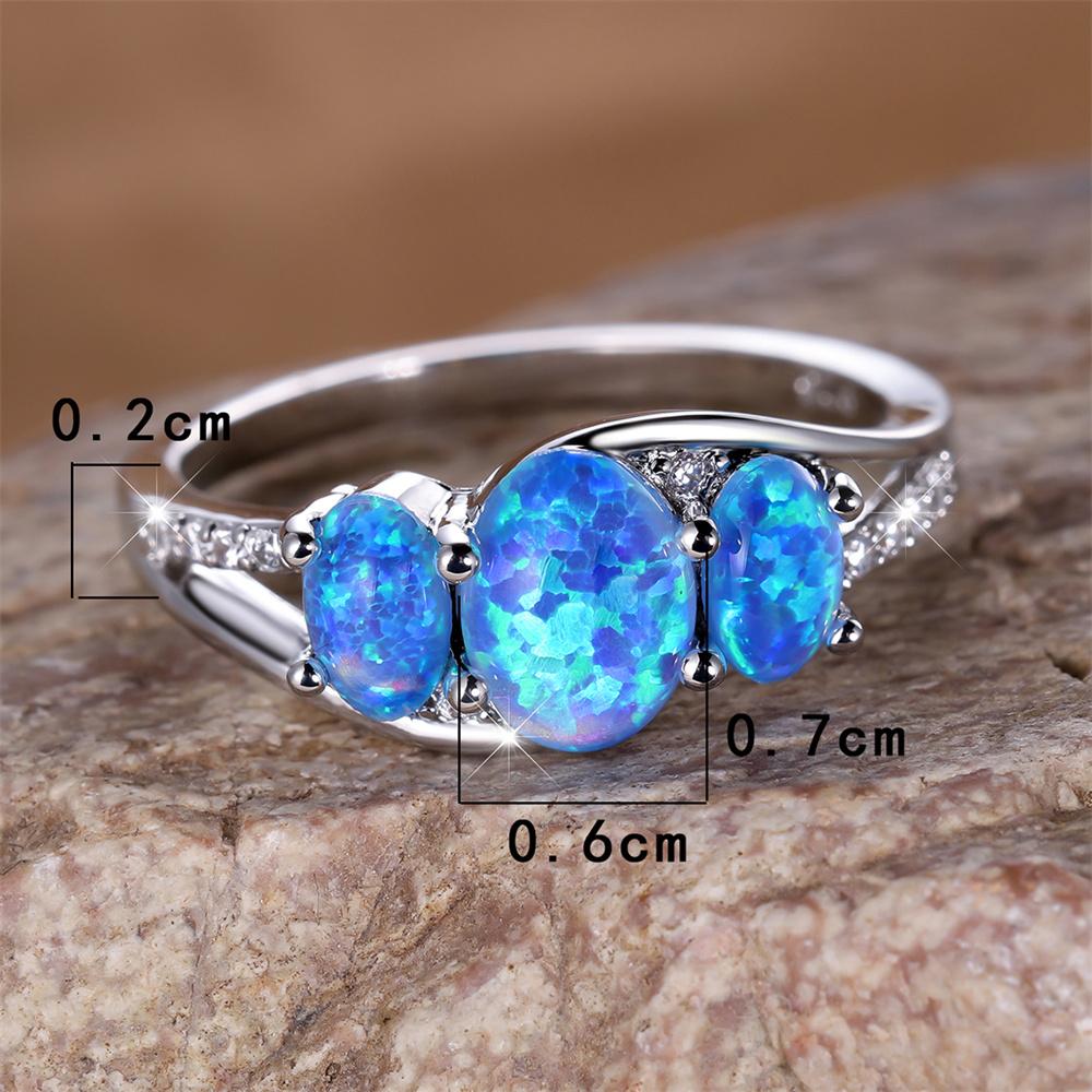 Blue Fire Opal Three Stone Ring Cute Oval Birthstone Engagement Rings For Women Vintage Charm Color Wedding Bands Jewelry