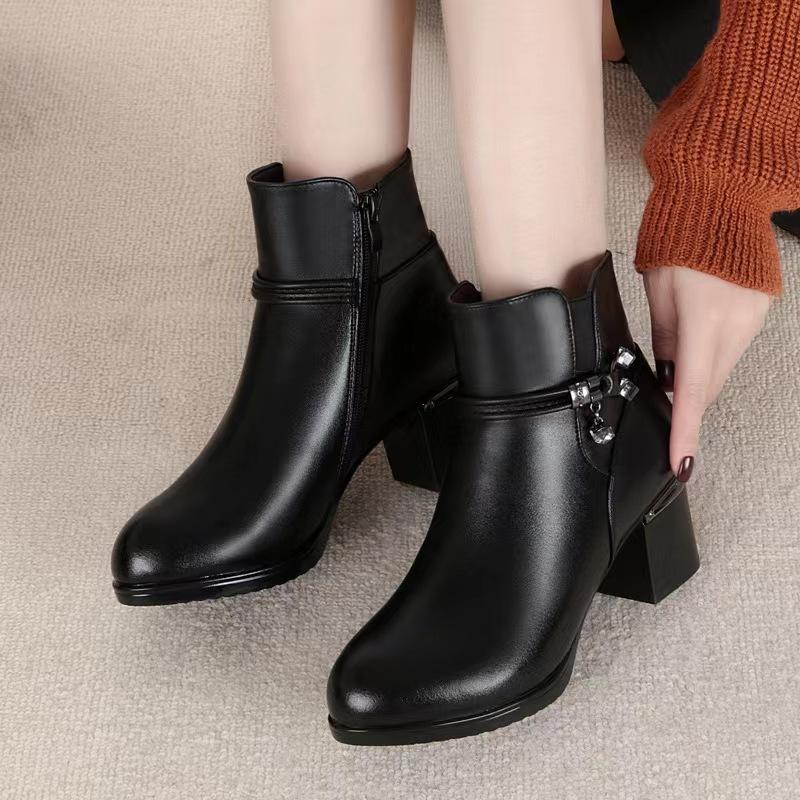 Winter Mother Cotton Shoes, Women's Short Boots, High-heeled Women's Boots, Mid-heel Plus Velvet Warm Cotton Boots