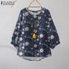 Womens Casual Round Neck 3/4 Sleeve Loose Floral Blouse