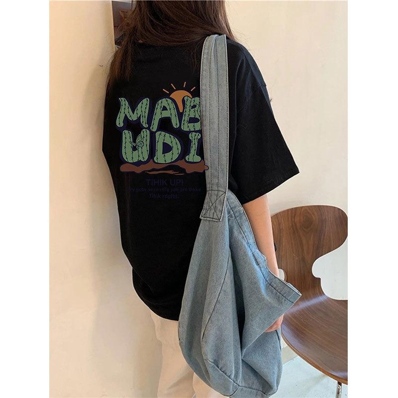 Women's Summer Loose Casual Printed T-shirt Lettering Short Sleeved Shirt Off Shoulder