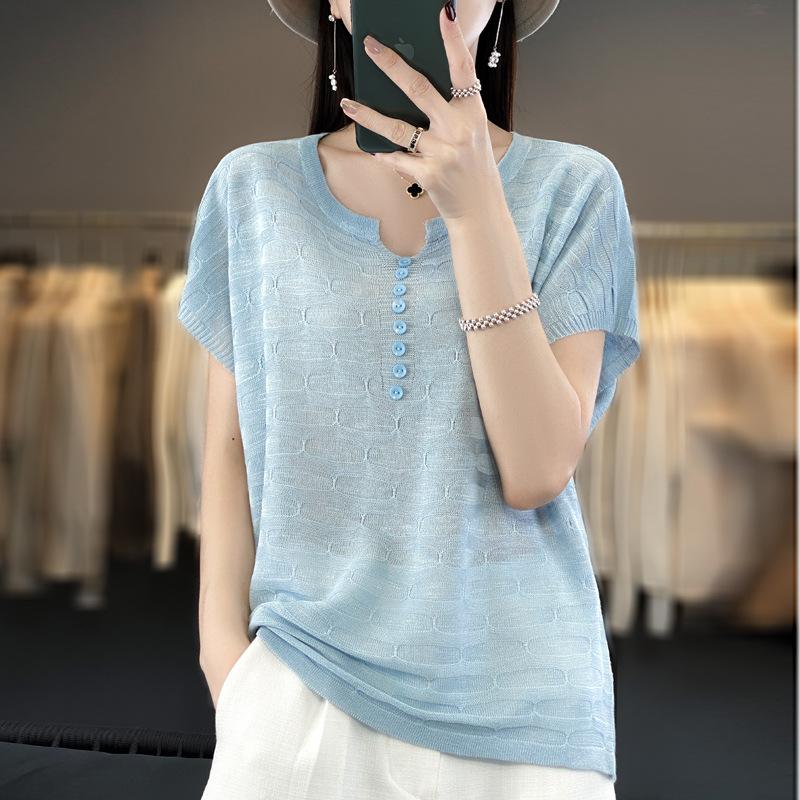 Summer Women T-shirt Loose Casual Solid Color Ice Silk Short Sleeve Loose Knit Top