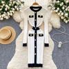 Winter Senior Retro Knitting Dress O Neck Buttons Design France Elegant Skinny Chic Female Autumn Casual Sweater Midi Dress