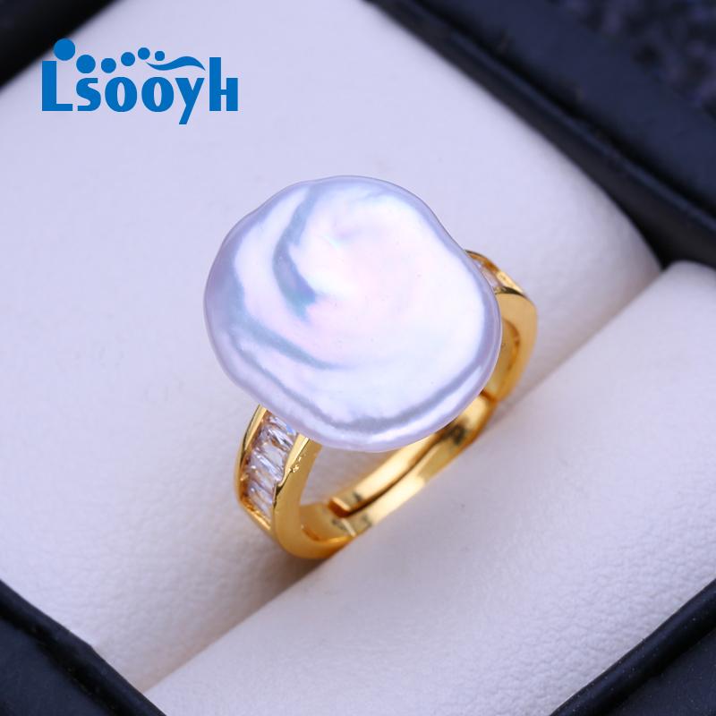 LSOOYH Natural Freshwater Big Button Baroque Pearl Rings For Women Classic Gold Color Party Ring Birthday Gifts