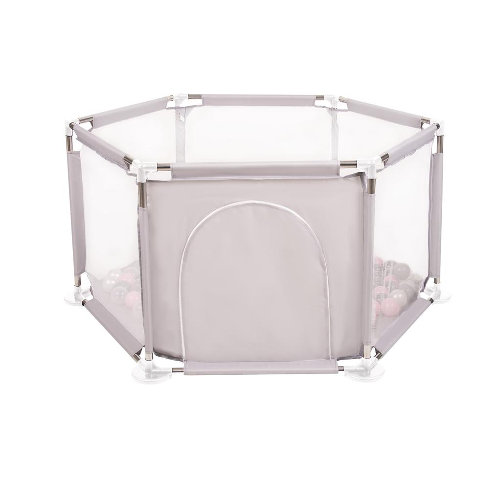 Selonis Hexagon 6 Side Play Pen with 100 Balls, Grey:pearl/grey/transparent/powder Pink