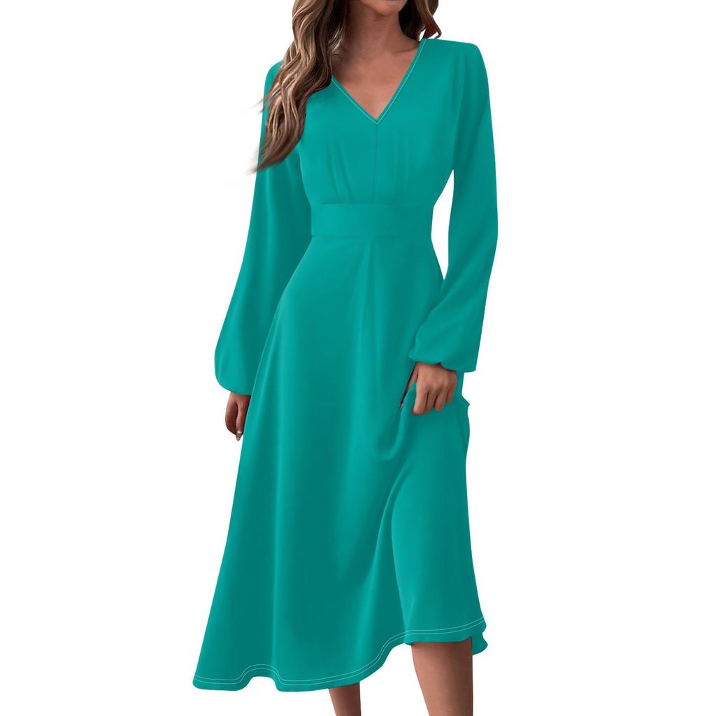 Women's Autumn And Winter Casual Fashion V-neck Long Sleeve Solid Color Long Dress