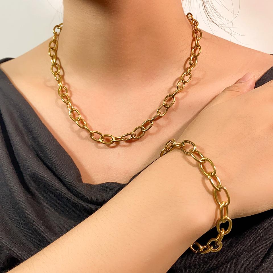 Htpwe Stainless Steel Glossy Chain Bracelet Necklace Set For Women 18k Gold Couple Holiday Gift Set Party Daily Zircon