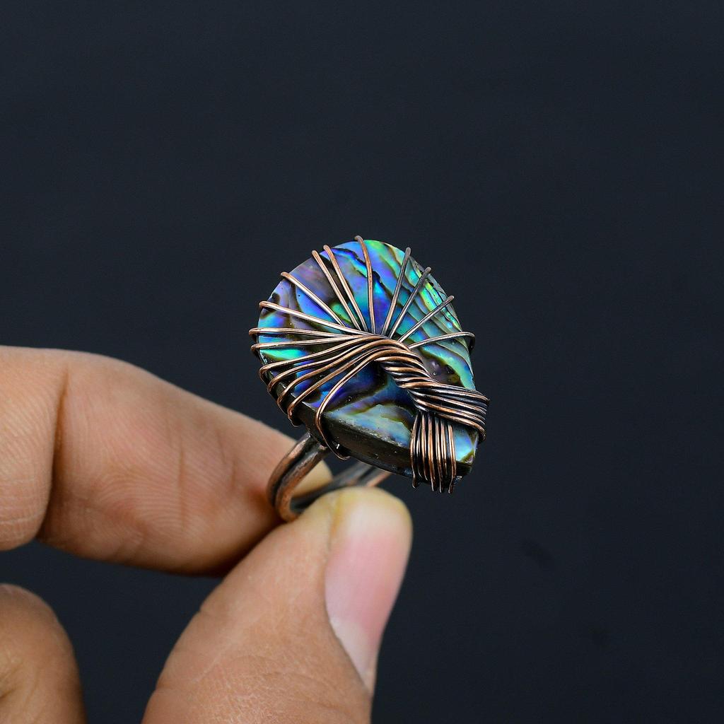 Tree Of Life Abalone Shell Gemstone Copper Wire Wrapped Handmade Jewelry Ring For Gift