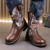 FashionMen Boots Mid Calf Western Motorcycle Boots Male Autumn Outdoor PU Leather Totem Med-Calf Boots Retro Men Shoes Big Size 48