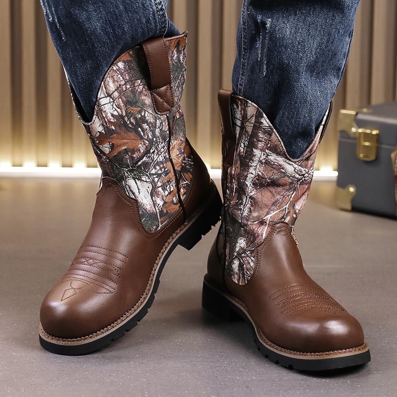 FashionMen Boots Mid Calf Western Motorcycle Boots Male Autumn Outdoor PU Leather Totem Med-Calf Boots Retro Men Shoes Big Size 48