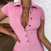 Summer European and American Women's Outerwear Casual Tight Fitting Spicy Girl Pink Short Sleeved Lapel Button Up Jumpsuit Shorts