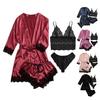 4Pcs/Set Women Nightgown Suit Sexy Lace Strap Bra G-String Thong Short Pants Glossy Faux Satin Belted Loose Nightdress Sleepwear Kit