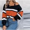 Sexy Slash Neck Striped Knitted Pullover Autumn Winter Women's Casual Long Lantern Sleeve Metal Buckle Pullovers