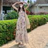 French Vintage Floral Sling Dress Summer Tight Waist Women's Seaside Holiday Beach Long Dress