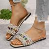 Colored Rhinestone Flat-bottomed Slippers for Women In the Summer of 2024, New Foreign Trade Large Size One-word Casual Beach Cool Slippers for Women