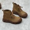 Vintage Handmade Genuine Leather Thick Sole Short Boots Round Toe Lace Up Cowhide Women's Shoes