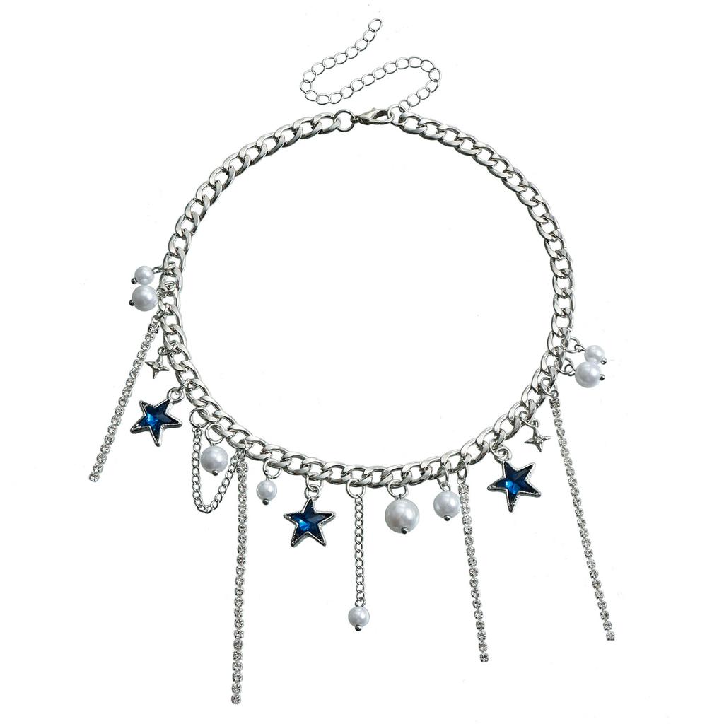 Accessories Blue Rhinestones Stars Tassel Babes Wind Necklace Women'S Premium Neck Chain Collarbone Chain