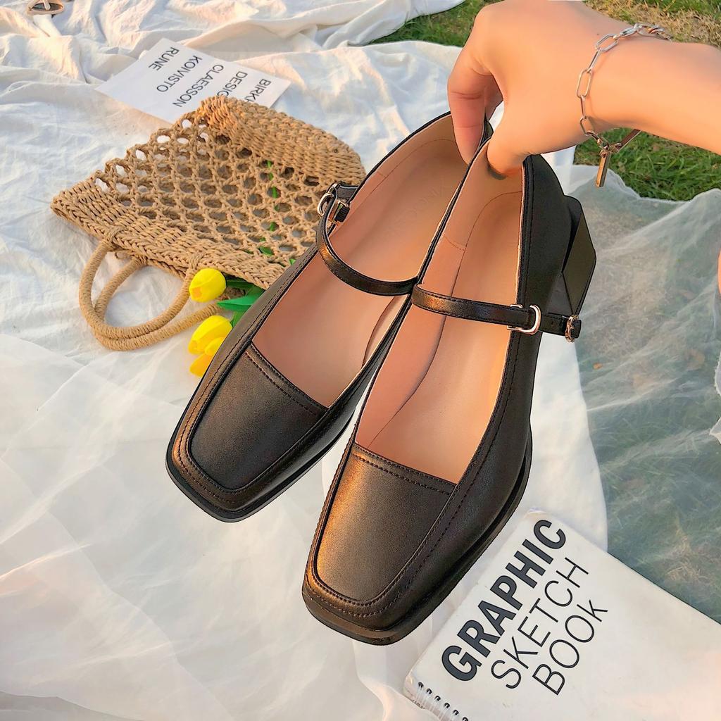 Square Toe Mary Janes Pumps Shoes Women Med Heel Buckle Sandals Summer Spring Leather Heels Shoes