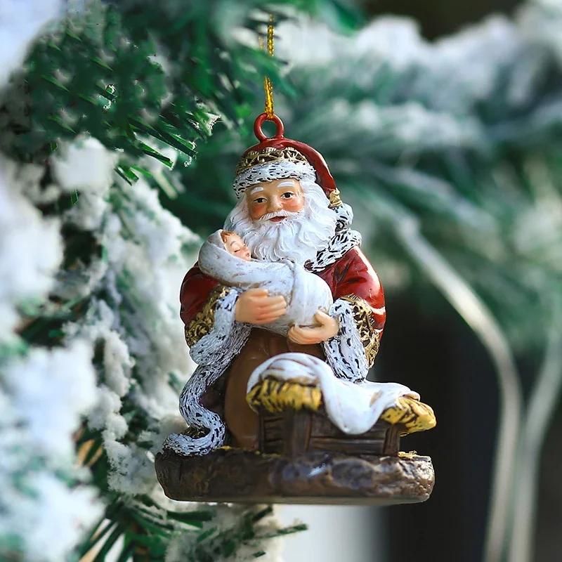 Christmas Series Hanging Ornaments Resin Hugging Santa Claus Figurines Mini Santa Pendant Xmas Tree Home Party Decor Supplies