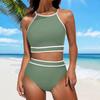 Yousheng 2Pcs/Set Women Bikini Set Halter Racer Back Bra High Waist Swimming Briefs Set Sporty Color Block Swimsuit