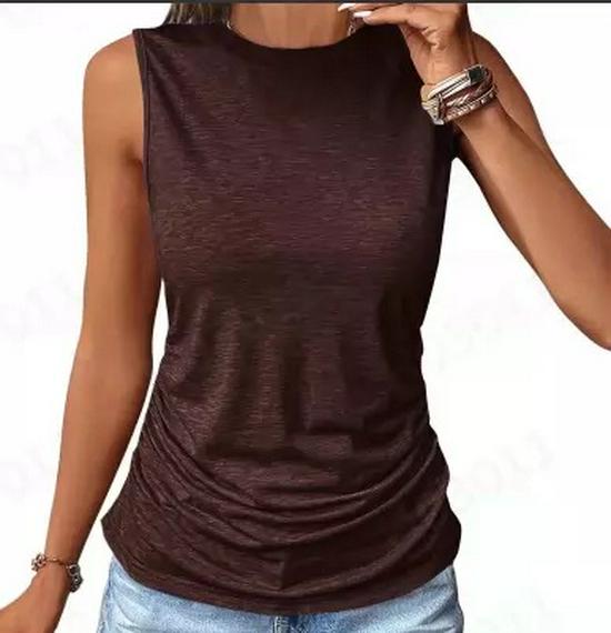 Women's Knitted Plus Size Sleeveless Round Neck Tank Top - Slim Fit with Side Pleats