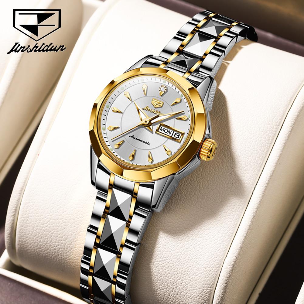 JINSHIDUN New Business and Leisure Ladies Watch Fully Automatic Mechanical Watch Tungsten Steel Double Calendar Luminous Waterproof High-end Watch