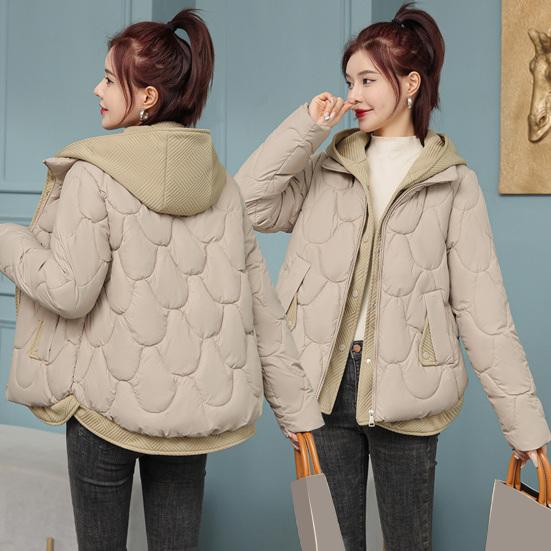 Women Winter Coat Fake Two-piece Zipper Button Closure Padded Hooded Turn-down Collar
