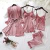 Autumn Winter Female Sexy Lace Trim Pajamas Set Velvet Sleepwear Loose Velour Home Wear Pijamas Suit Kimono Bathrobe Gown