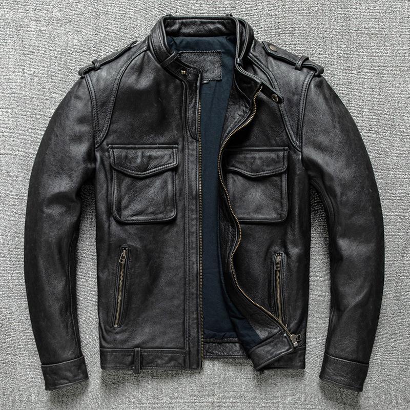 Retro First-layer Pure Cowhide Leather Jacket for Men, Short Washed and Distressed Motorcycle Leather Jacket